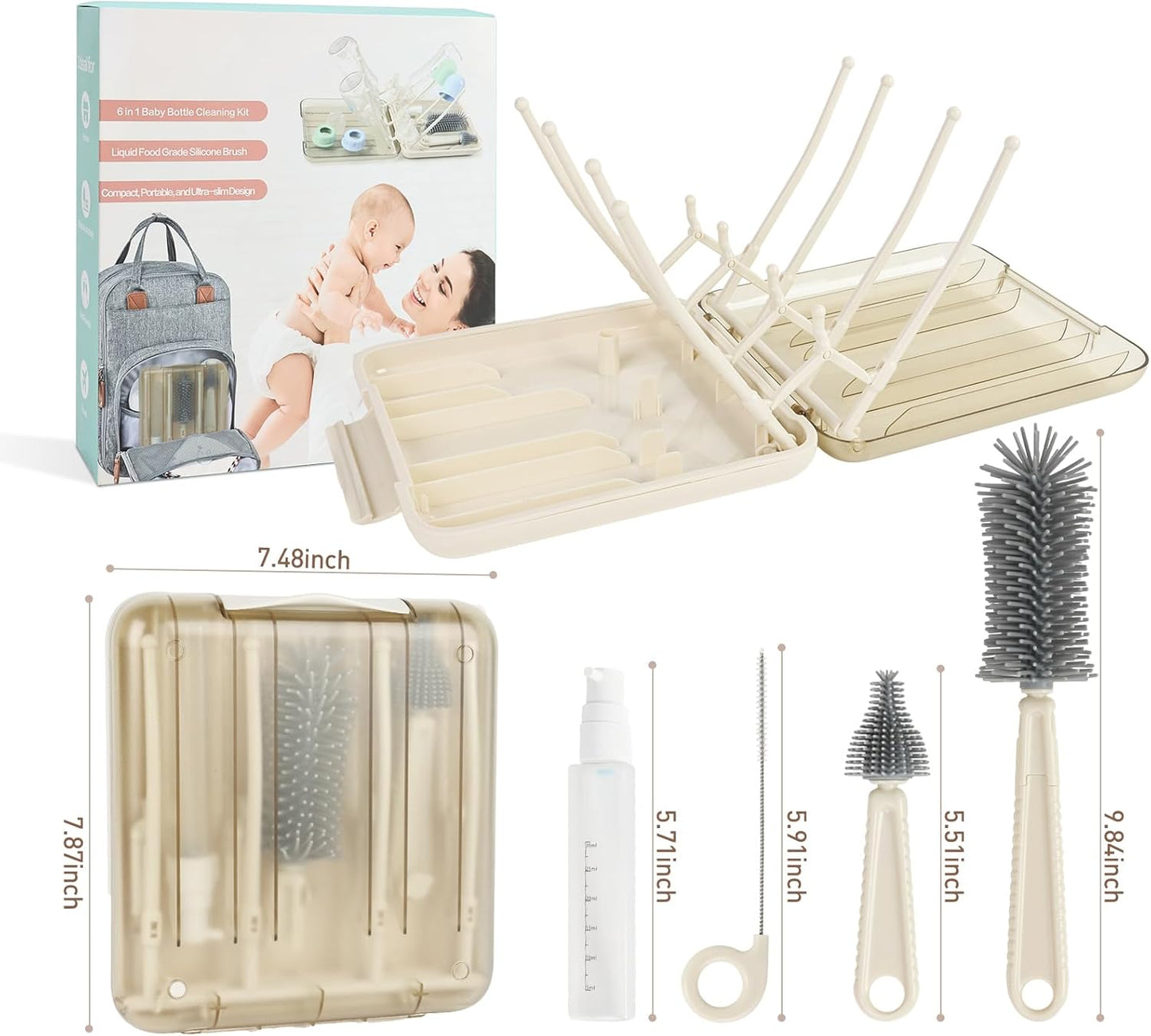 Baby Bottle Brush Set, 6-in-1 Travel Bottle Cleaner Kit with Silicone Bottle Brush, Nipple & Straw Brush, Soap Dispenser, Drying Rack, Storage Box – Compact Baby Travel Essential for Home & On-The-Go