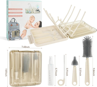 Baby Bottle Brush Set, 6-in-1 Travel Bottle Cleaner Kit with Silicone Bottle Brush, Nipple & Straw Brush, Soap Dispenser, Drying Rack, Storage Box – Compact Baby Travel Essential for Home & On-The-Go