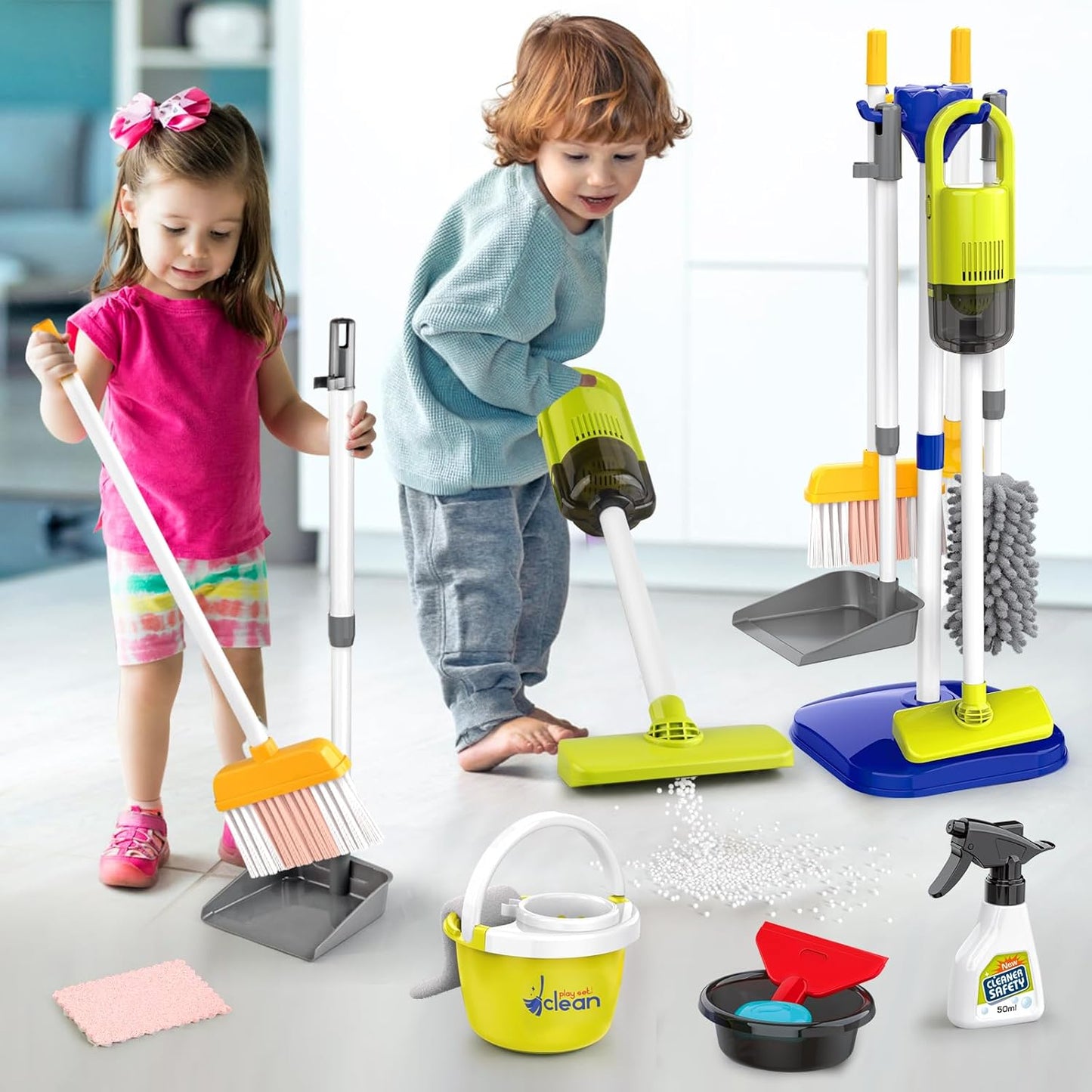 PUPU PIG Toddler Toys Cleaning Set, Kids Cleaning Toy Set, Pretend Play Home Cleaning Playset - Incl.Electric Toy Vacuum, Broom and Dustpan Set, Mop,Duster and More,Cleaning Tools Toys for Boys Girls