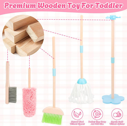 Kids Cleaning Set, Wooden Toddler Broom Set for Housekeeping, 8 Pieces Montessori Cleaning Toys with Kids Broom and Mop Set, Housework Pretend Play Toy Gift for Boys Girls Ages 3+