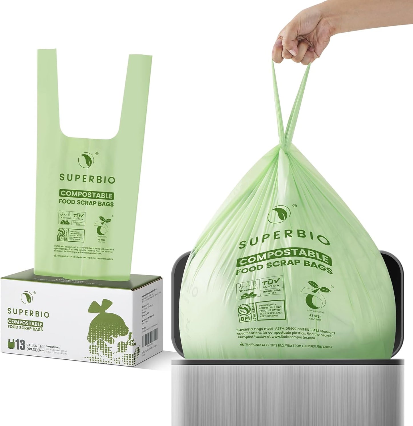 SUPERBIO 1.6 Gallon Handle Tie Compostable Food Scrap Bags For Counter Top Compost Bin, Small Compost Bags, 50 Count, 6 Liter, BPI & OK compost INDUSTRIAL Certified