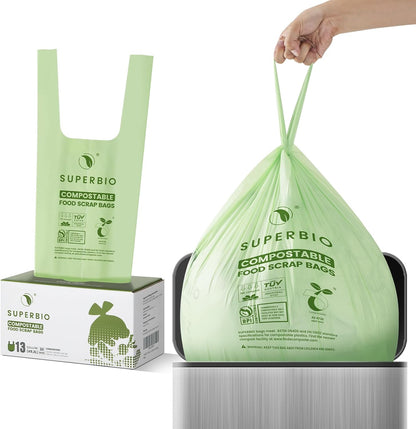 SUPERBIO 1.6 Gallon Handle Tie Compostable Food Scrap Bags For Counter Top Compost Bin, Small Compost Bags, 50 Count, 6 Liter, BPI & OK compost INDUSTRIAL Certified