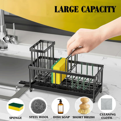 5 in 1 Sponge Holder for Kitchen Sink, Rustproof Stainless Steel Sink Caddy with Washing Cloth & Adhesive Hooks, Kitchen Sink Organizer with High Brush Holder and Soap Holder for Kitchen Sink