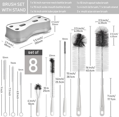 ALINK 8 Pack Black Bottle Brush Cleaning Set with Stand, Long Handle Bottle Cleaner with Holder for Narrow Neck Beer Wine Brewing Bottles, Stanley Water Bottles, Baby Bottles, Tumblers, Carafe, Straws