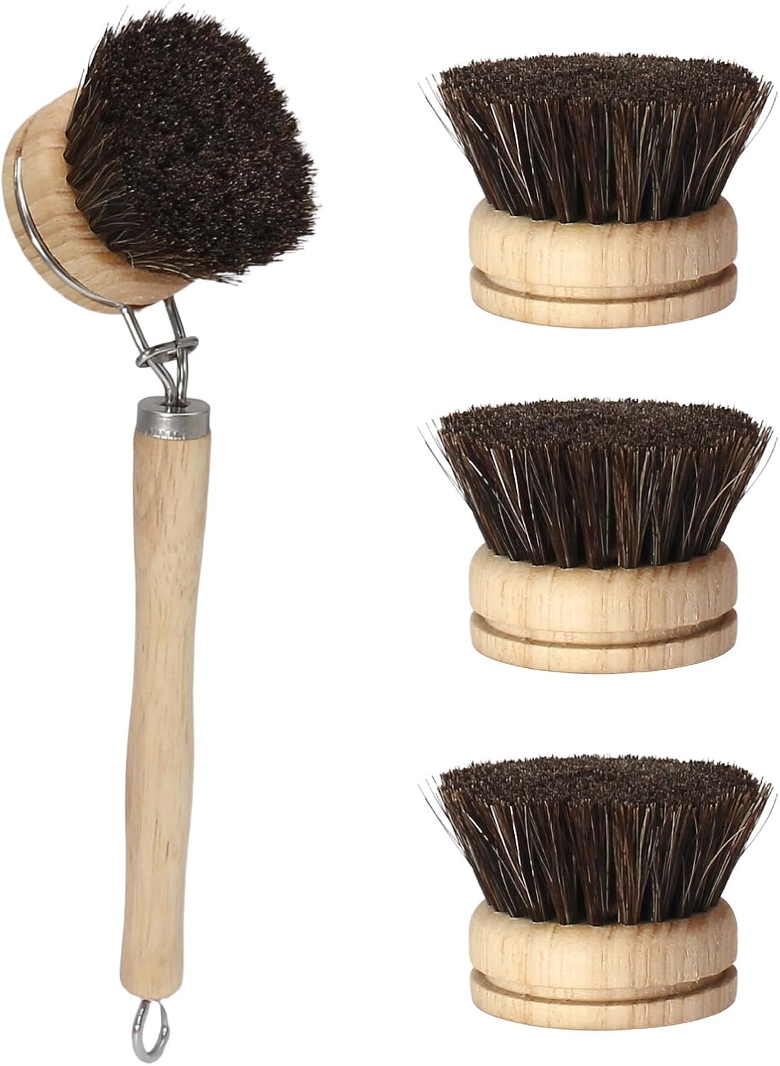 Wooden Dish Brush Set, 4 Natural Bristle Replacement Heads with 1 Sturdy Wooden Handle, Sisal Kitchen Scrub Brush for Pots, Pans, Vegetables and Cookware