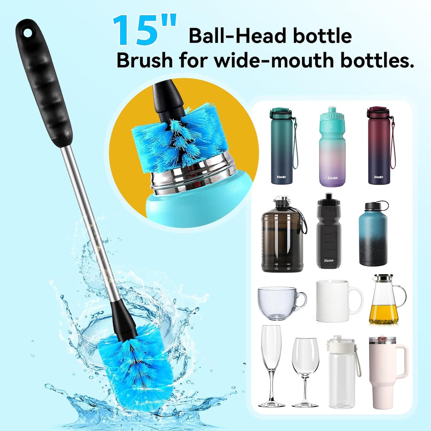 SLUXKE Bottle Brush Set with Straw Cleaner Brush and 3 in 1 Cup Lid Cleaning Brush, Bottle Brush Cleaner with Long Handle for Cleaning Cup, Water Bottles, Tumblers, Baby Bottles