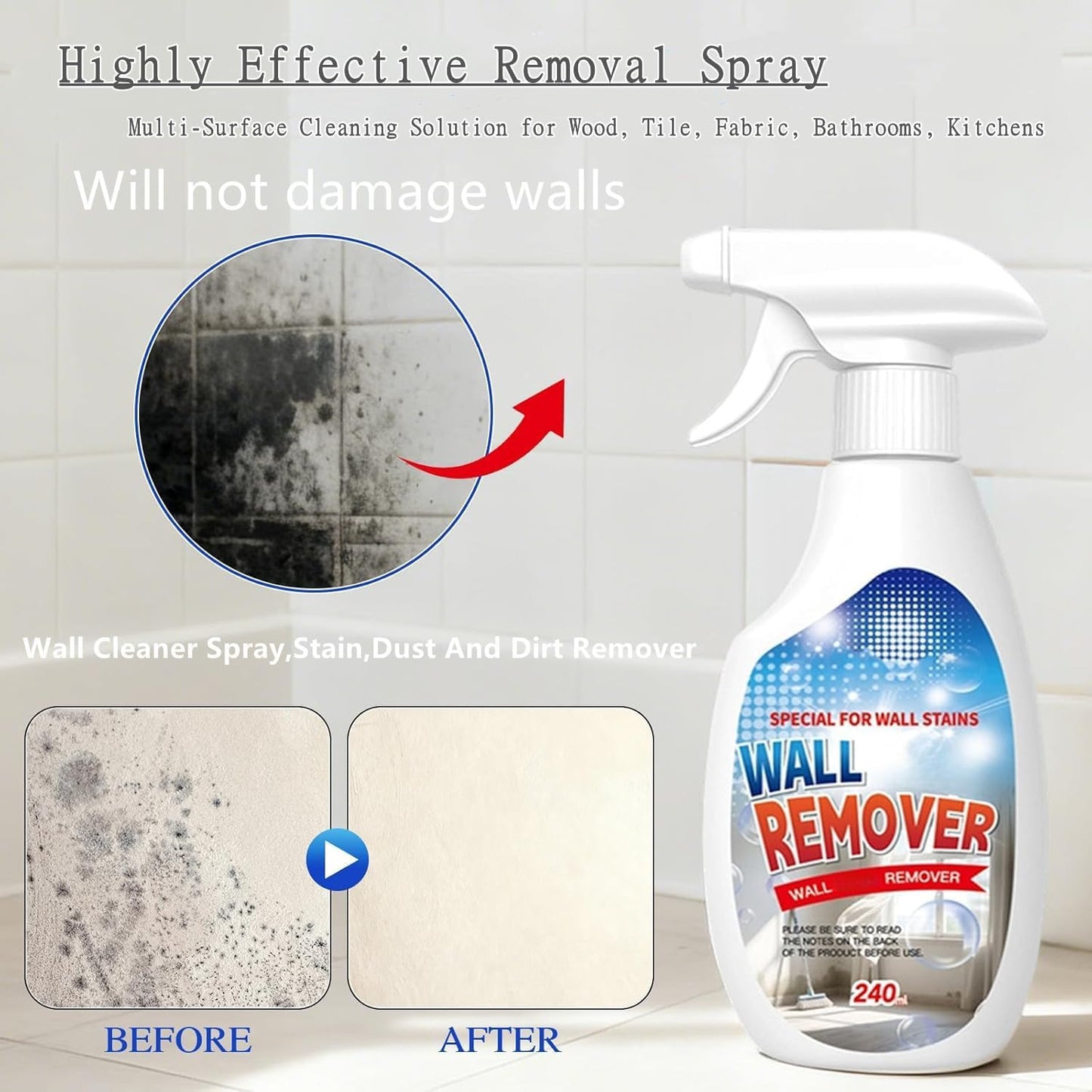 240ML Highly Effective Removal Spray,Wall Cleaner Spray,Multi-Surface Cleaning Solution,Wall Stain Remover For Wood,Tile,Fabric,Bathrooms,Kitchens