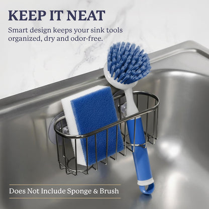 Farberware Sponge Holder for Kitchen Sink—Brushed Metal Sink Caddy Organizer with Triple Suction Cups, Kitchen Organizer for Sponges, Brushes, Soap & Cleaning Essentials
