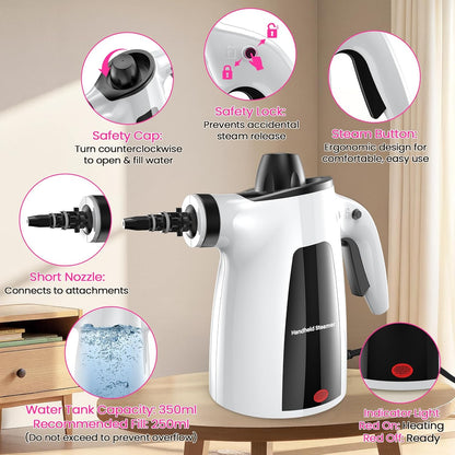 Steam Cleaner, Pressurized Handheld 13pcs Multi-Purpose Natural Deep Cleaning Steamer, Portable Steamer for Cleaning Home, Grout, Kitchen, Car, Window, Upholstery, Bathroom and Clothes, Gray