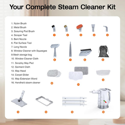 ScrubWiz 10-in-1 Steam Cleaner, Steam Mop & Detachable Handheld Steam Cleaner, 320ml Water Tank, 10s Fast Heating, Portable Steamer for Kitchen, Floor, Tiles, Window, BBQ Grill, Car, Bright White