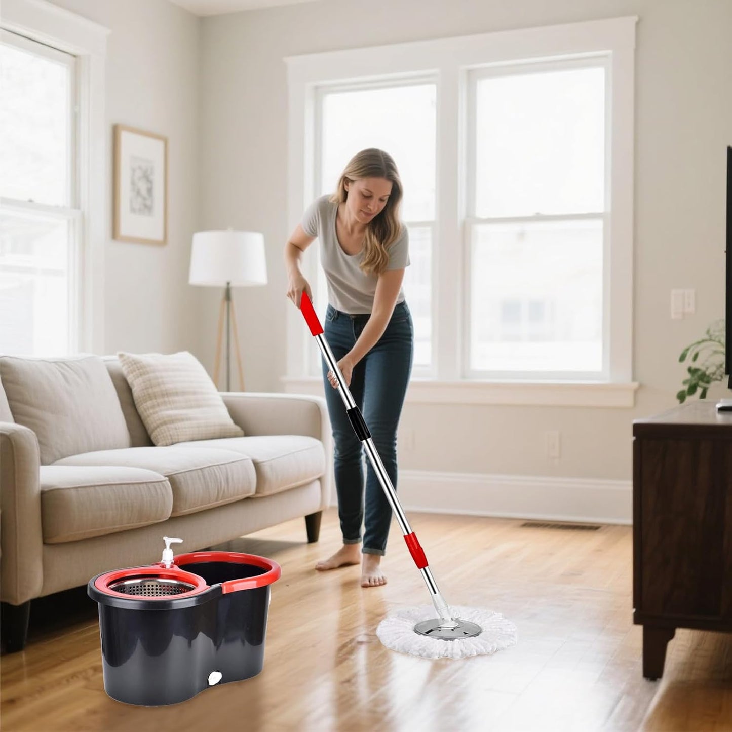 Spin Mop and Bucket with Wringer Set,for Floor Cleaning,with Floor Scrub Brush,61" Adjustable Handle and 6 Microfiber Mop Head(White)