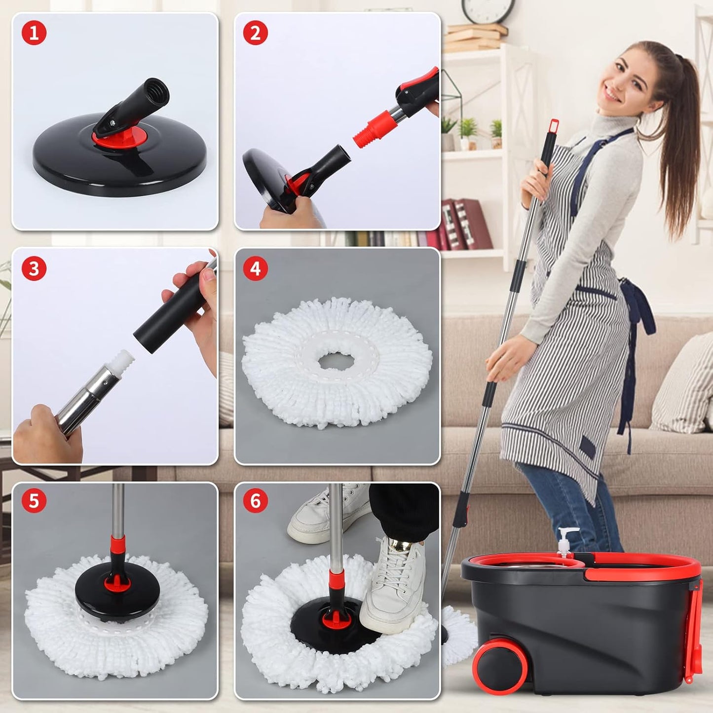 Spin Mop and Bucket with Wringer Set, 360° Spinning Mop Bucket System with 3 Microfiber Mop Replacement Heads and 50" Stainless Steel Adjustable Handle for Floor Cleaning
