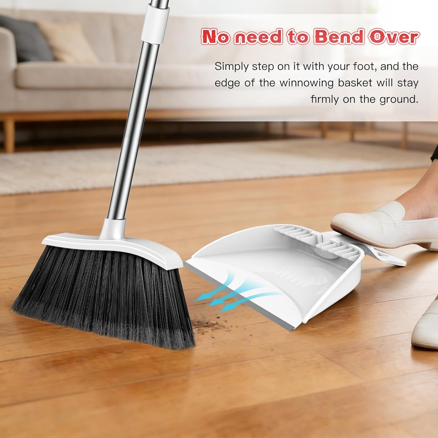 Broom and Step-on Dustpan Set, 59-in Adjustable Long Handle Broom with Dustpan Combo Set Outdoor Angle Broom for Sweeping Indoor Dust Pet Hair for Cleaning Kitchen Garage Deck Patio, Black&Red