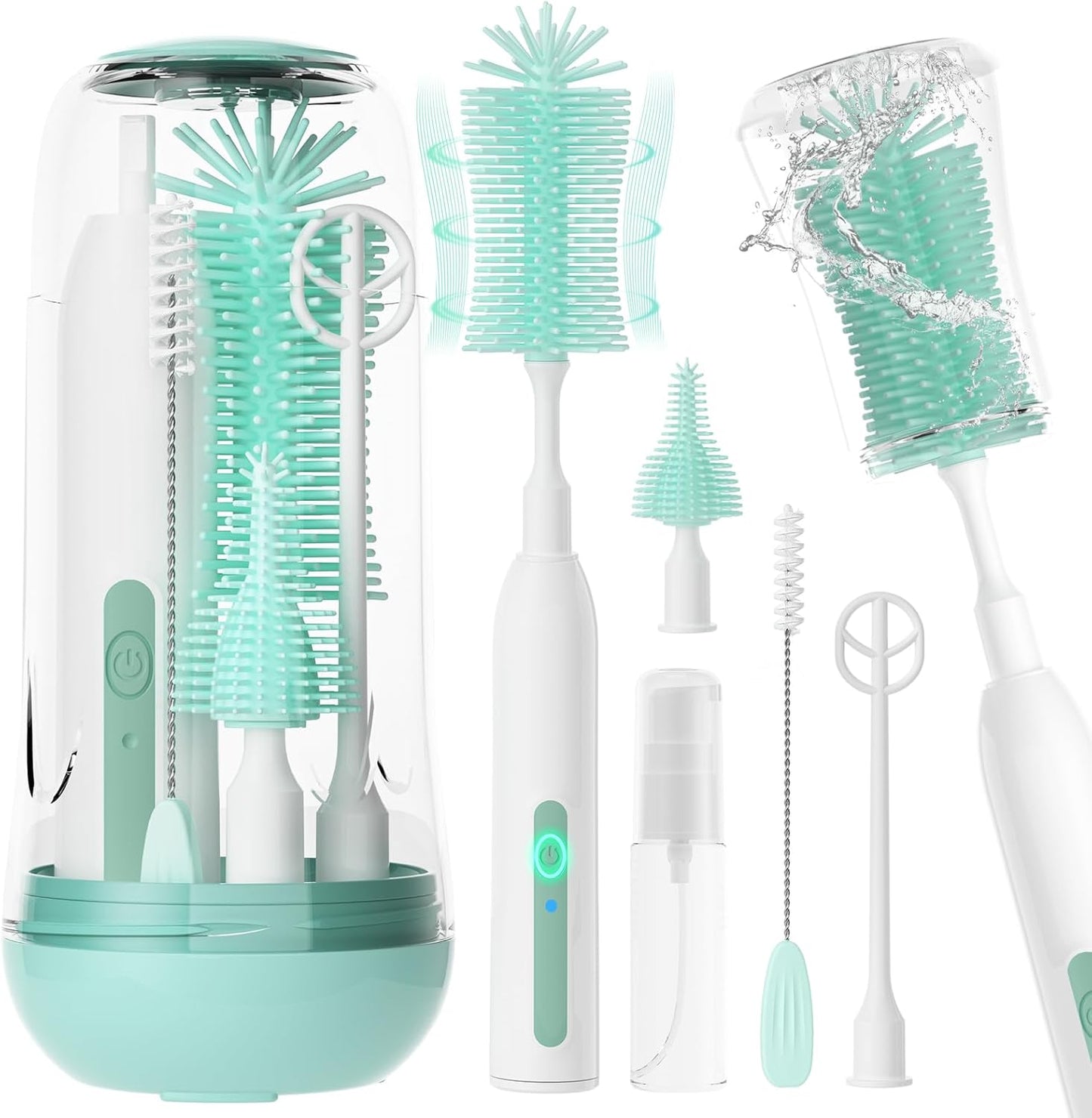 Electric Bottle Brush Cleaner,Rechargeable Baby Bottle Cleaning kit with Formula Mixer, Silicone Nipple&Straw Brush, Soap Dispenser, Drying Rack-IPX7 Waterproof,Long Battery Life for Home & Travel