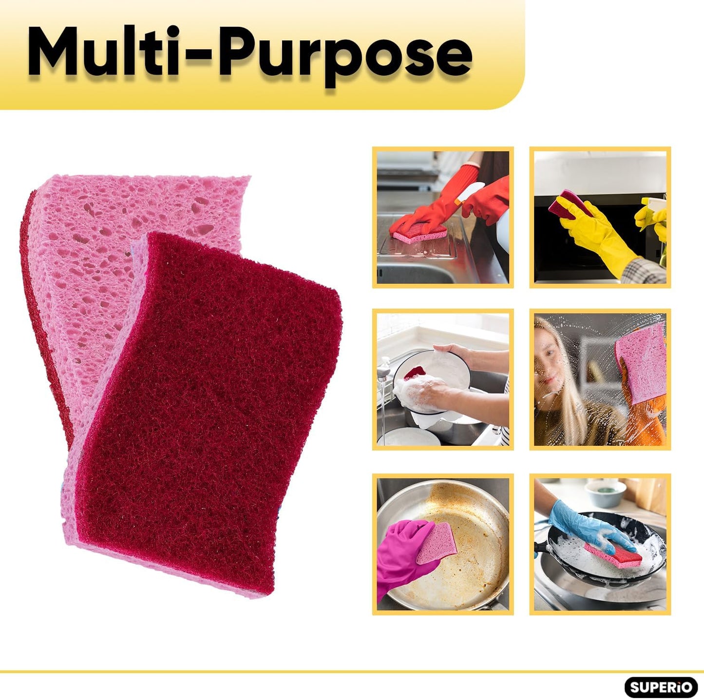 Non-Scratch Cellulose Sponge Kitchen Scrub Sponge with Scouring Pad Set, Good for Non-Stick Cookware Frying Pan, Pot, Counter Top, Sink Scrubbing, Kitchen Scrubbers, Pack of 2, (Red/Pink)