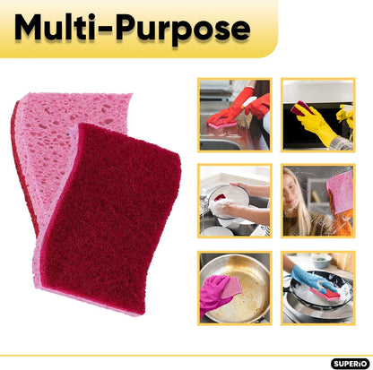Non-Scratch Cellulose Sponge Kitchen Scrub Sponge with Scouring Pad Set, Good for Non-Stick Cookware Frying Pan, Pot, Counter Top, Sink Scrubbing, Kitchen Scrubbers, Pack of 2, (Red/Pink)