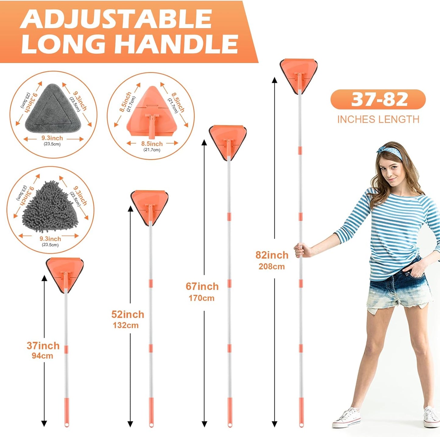 Wall Cleaner Triangle Mop with 82'' Long Handle - Wall Scrubber, Cleaning Washer Tool with 4 Microfiber Chenille Duster Pads for Clean Walls, Ceiling, Windows, Baseboards, Floors (Green, 4 Pads)