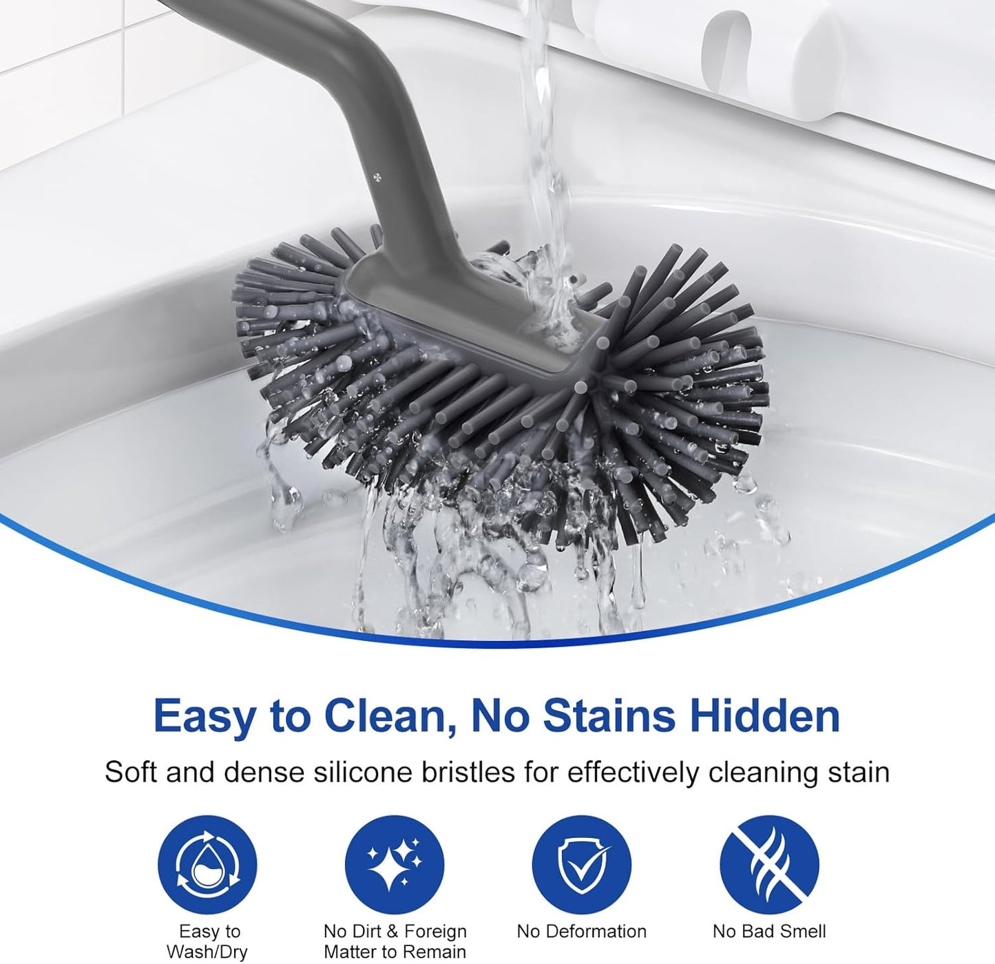HAMITOR Toilet Bowl Brush Holder Set: Deep Cleaning Silicone Toilet Cleaner Scrubber Under Rim with Curved Bristle for Bathroom Dead Corner Clean - Modern Rv Toilet Decorative Accessories - Gray
