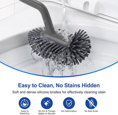 HAMITOR Toilet Bowl Brush Holder Set: Deep Cleaning Silicone Toilet Cleaner Scrubber Under Rim with Curved Bristle for Bathroom Dead Corner Clean - Modern Rv Toilet Decorative Accessories - Gray