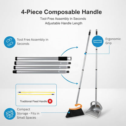 Surfer Combo Broom with Dustpan Combo Set – 4-Piece Composable Handle Broom and Dustpan Set with Long Handle | Durable Dust Pan & Broom for Home and Commercial Cleaning