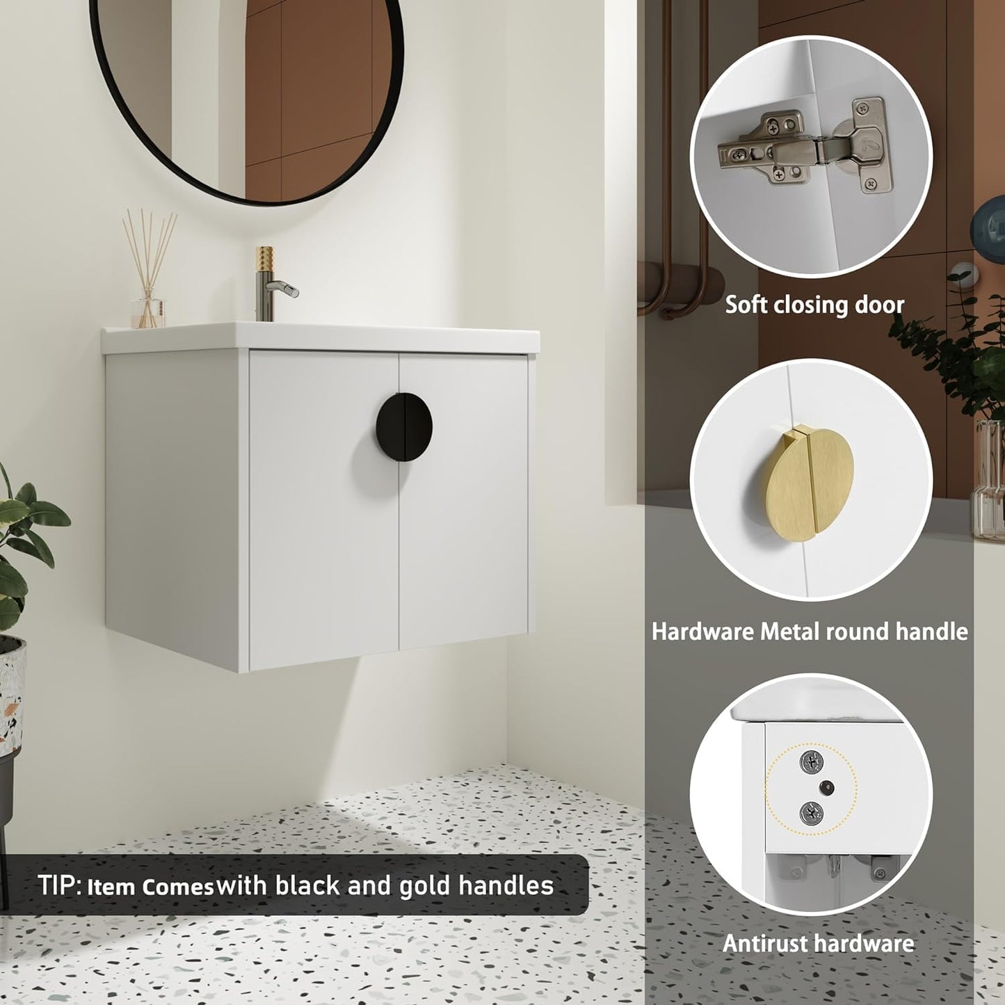 SSLine Modern 24-Inch Bathroom Vanity with Sink Wall Mounted Bathroom Vanity with Top Basin & Storage Cabinet White Wood Floating Vanity w/Ceramic Sink & Gold/Black Handles for Small Space