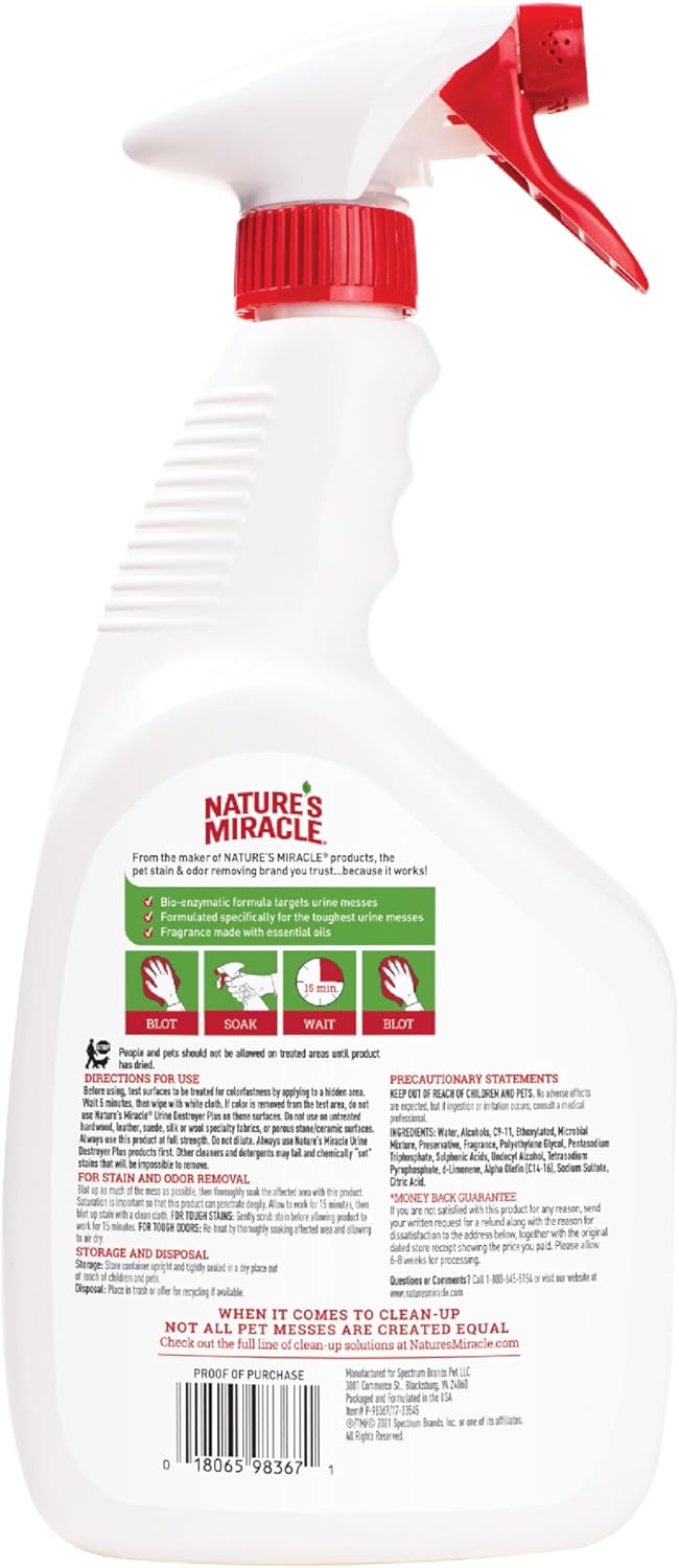 Nature’s Miracle Urine Destroyer Plus for Cats, Enzymatic Formula Tough on Strong Cat Urine And The Yellow Sticky Residue, 1 Gal
