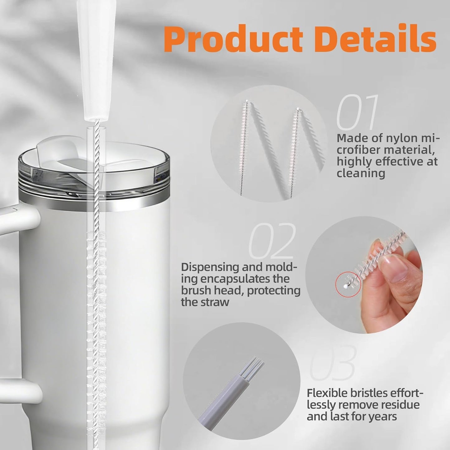 PROOCI Straw Cleaner Brush for Stanley, 2-Pack Multi 3 in 1 Long Straw Cleaning Brush Set for Reusable Straws, Tumblers, Lids, Sippy Cups, Water Bottle, Nipples & Fine Gaps - Orange & Gray