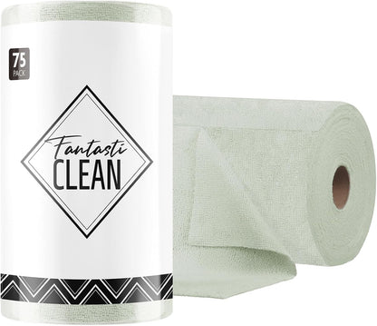 Fantasticlean Microfiber Cleaning Cloth Roll -75 Pack, Tear Away Microfiber Towels, 12" x 12", Reusable, Washable, Scratch Free, Ultra Absorbent Dishcloth for All-Around Cleaning Supplies (White)