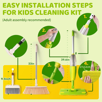 Kids Spray Mop, Fun & Functional Toddler Mop Cleaning Set,Real Working Mini Mop, Pretend Play Toy –Includes Spray Bottle,Washable Microfiber Pads, Montessori Kids Cleaning Toy Set -Green