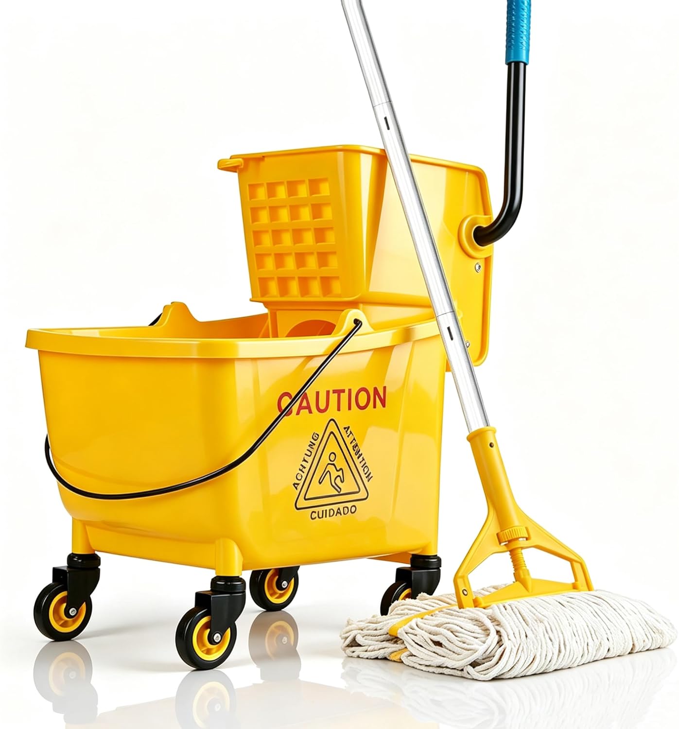 33 Qt Commercial Mop Bucket, with Side-Press Wringer on Wheels. Includes an Industrial Mop. Yellow Industrial Mop Bucket, Suitable for Home, Commercial, Restaurant Cleaning