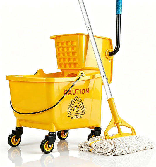 33 Qt Commercial Mop Bucket, with Side-Press Wringer on Wheels. Includes an Industrial Mop. Yellow Industrial Mop Bucket, Suitable for Home, Commercial, Restaurant Cleaning