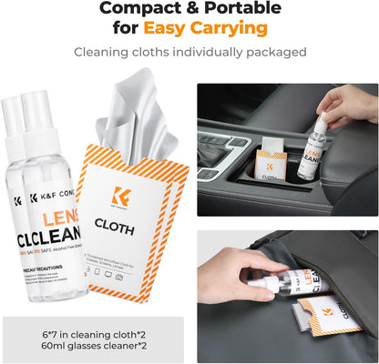 K&F CONCEPT Lens Cleaner Spray Kit | 60ML Glasses Cleaner x2 + Microfiber Cleaning Cloth x2 | Lens and Screen Cleaning Kit | Alcohol Free Eyeglasses, Camera, VR/AR Headset, and Screen Cleaning