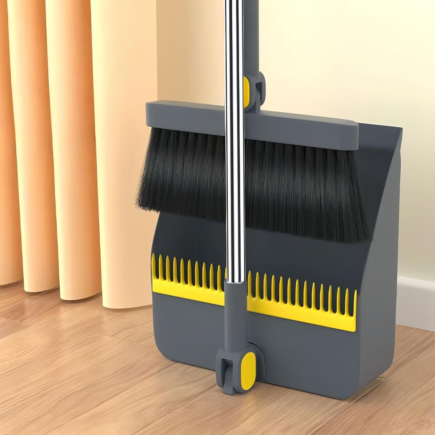 2-in-1 Broom with Dustpan Combo Set,Long Handle Broom Dustpan Combo with Dustpan Teeth to Automatically Clean Hair for Home, Indoor or Outdoor Cleaning Hall Floor (Gray)