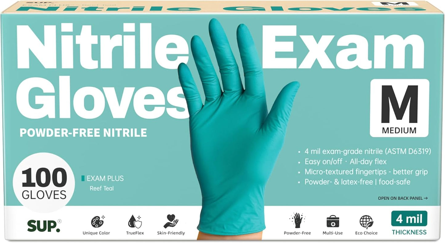 SUP Powder-Free Nitrile Gloves, 100 Count Food Safe Latex-Free Disposable Gloves for Medical Cooking Cleaning Food Prep, Teal