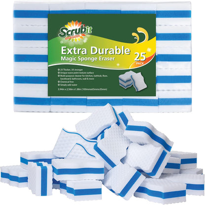 (25 Pack) Extra Durable Eraser Sponge by SCRUBIT - Kitchen, Bathroom, Floor & Wall Cleaner -Melamine Magic Cleaning Sponges - Extra Thick Erasers, Best Cleaning Supplies for The Toughest Stains & Dirt