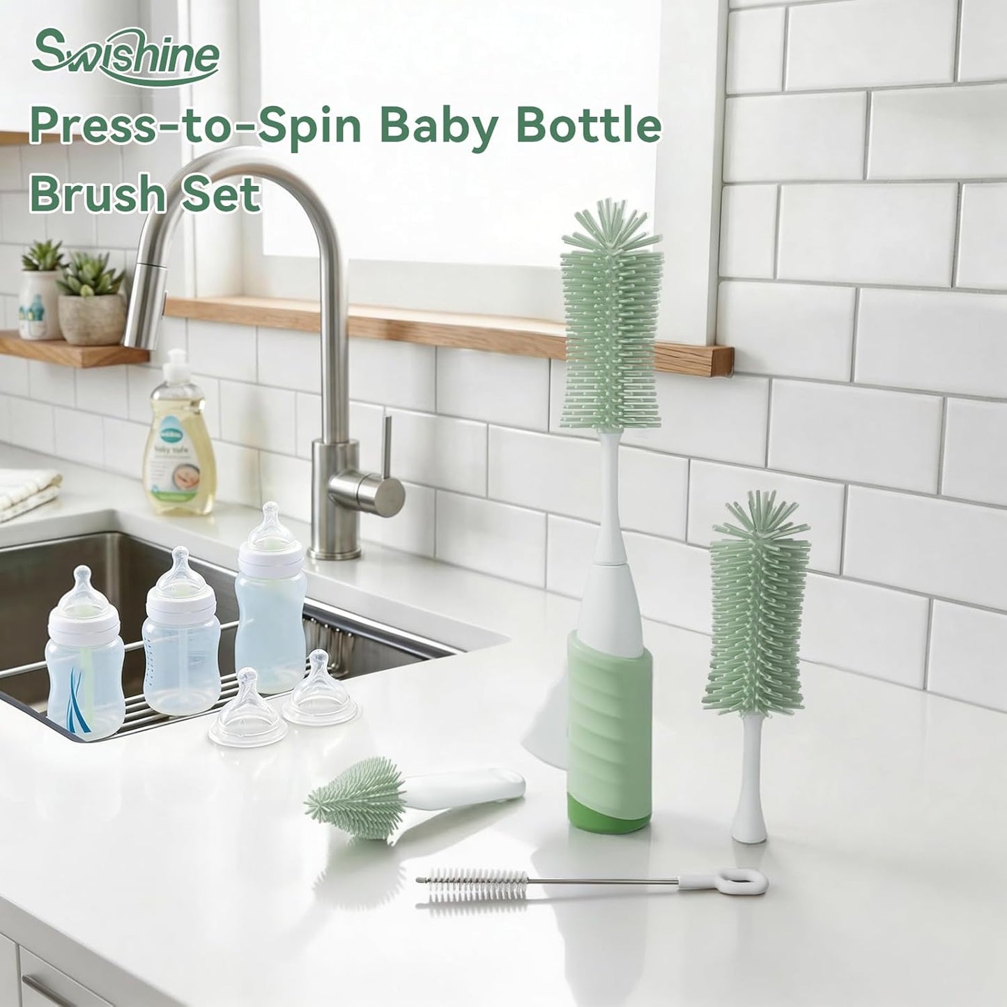 Baby Bottle Brush Set, Innovative Efficient Press-to-Spin Brush Cleaner - Includes Silicone Bottle Brush, Nipple Brush, Straw Cleaner - Spinning Generates Rich Foam for Deep Cleaning, Blue