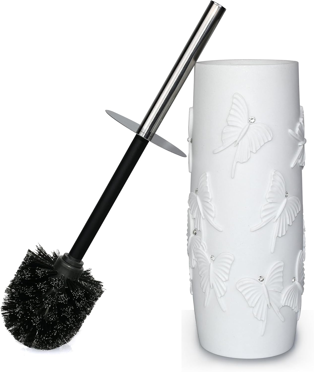 White Floral Branches Design Resin Toilet Bowl Brush and Holder Set, Elegant Bathroom Cleaning Tool with Durable Bristles, Compact and Functional