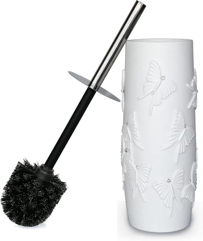 White Floral Branches Design Resin Toilet Bowl Brush and Holder Set, Elegant Bathroom Cleaning Tool with Durable Bristles, Compact and Functional
