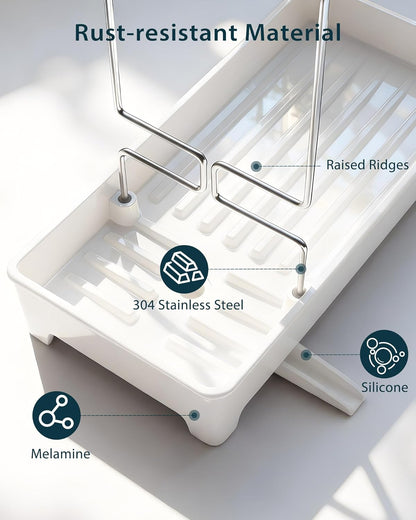Minimalist Sink Caddy, Rustproof Sponge Holder for Kitchen Sink with 304 Stainless-Steel Brush Holder, Countertop Rack Organizer with Raised Ridges & Silicone Drain Tube (Mint Green, Large)