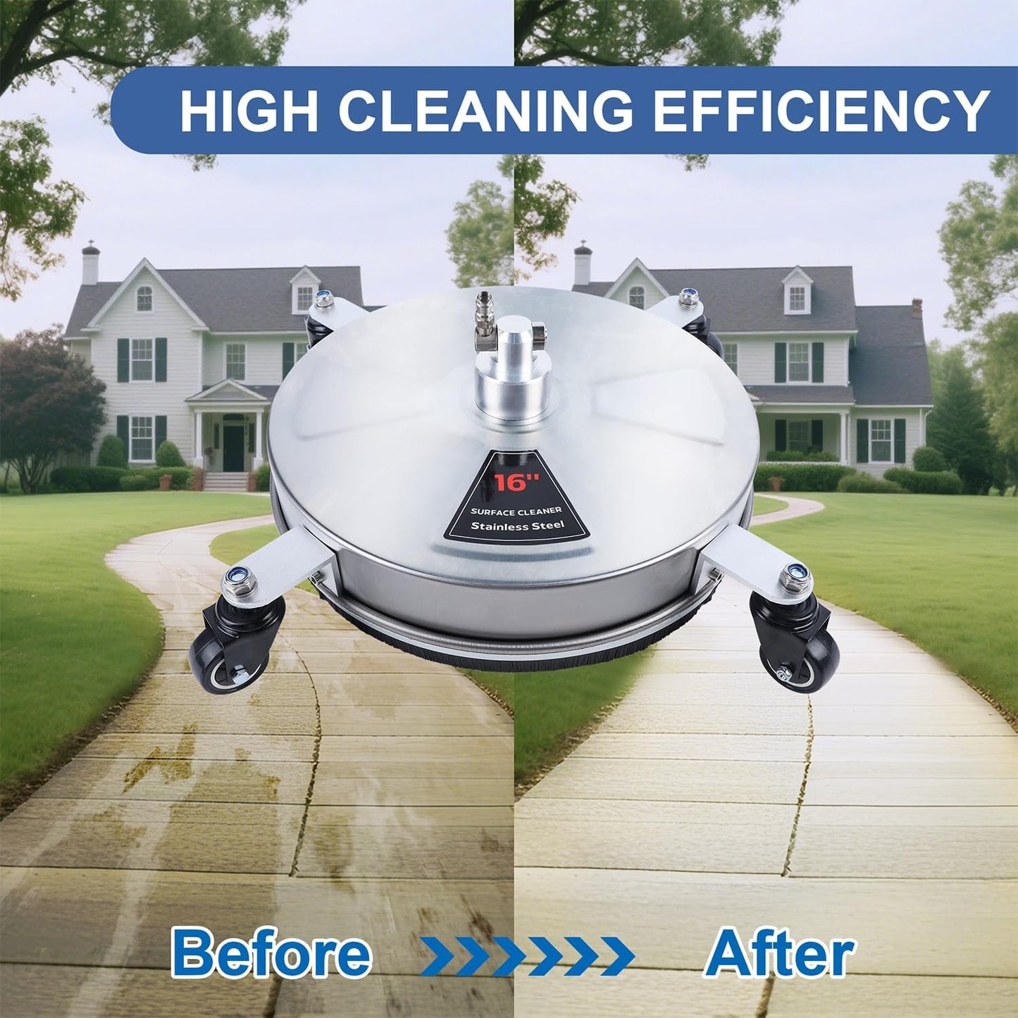 Biswing 14" Pressure Washer Surface Cleaner with 4 Wheels, Stainless Steel Power Washer Accessory for Driveways Sidewalks Patios Cleaning, 1/4" Quick Connector, 2 Extension Wand Attachments, 4000 PSI