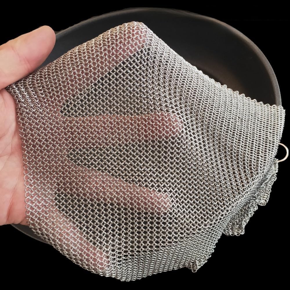 Cast Iron Cleaner and Chainmail Skillet Scrubber - 4''x4'' Upgraded 3.8mm Small Ring, 316L Stainless Steel Fine Rings - Durable Scraper for Skillets, Pans, Griddles & Containers