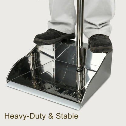 Metal Dustpan with Broom Set, Long Handle Stainless Steel Dustpan,Heavy Duty Standing Dust Pan with Teeth, Indoor Outdoor Up for Home Kitchen Lobby Room Office