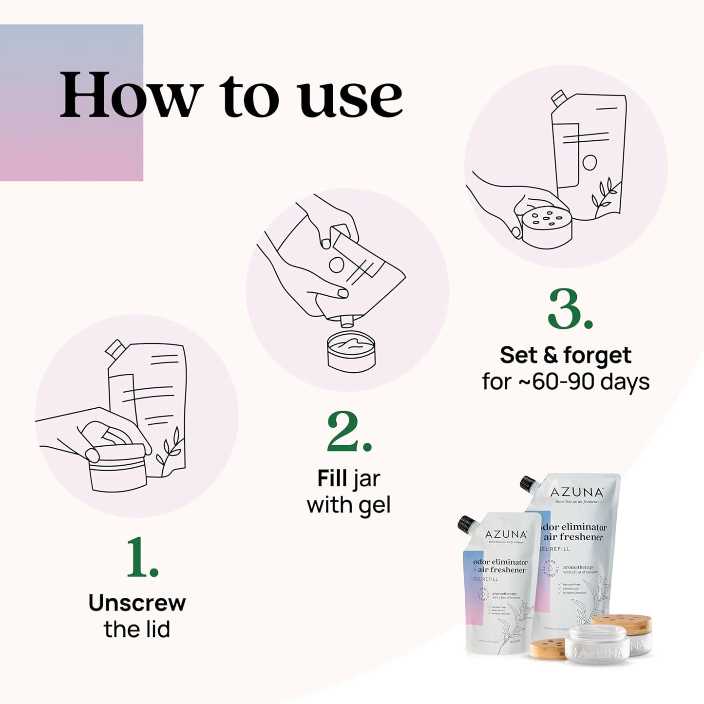 Azuna Air Freshener & Odor Eliminator for Strong Odor | 2 Room Kit Includes (2) 8 oz. Empty Luxe Glass Jars & 12 oz | Refill with Tea Tree Essential Oil Gel | Amalfi Breeze | Last 60-90 Days