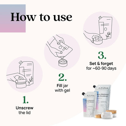 Azuna Air Freshener & Odor Eliminator for Strong Odor | 2 Room Kit Includes (2) 8 oz. Empty Luxe Glass Jars & 12 oz | Refill with Tea Tree Essential Oil Gel | Amalfi Breeze | Last 60-90 Days