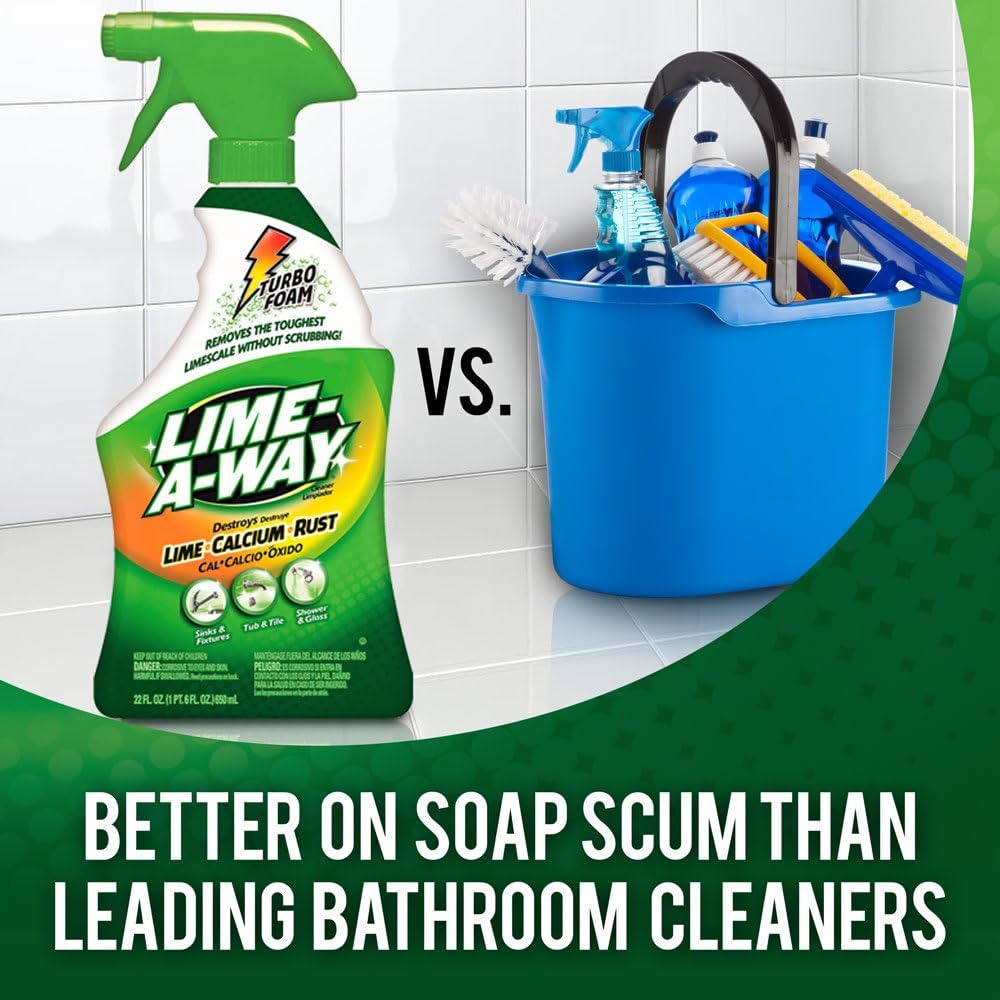 Lime-A-Way Hard Water Stain Remover Spray, Removes Lime, Calcium & Rust in Seconds, Bathroom Cleaner, 22 fl oz