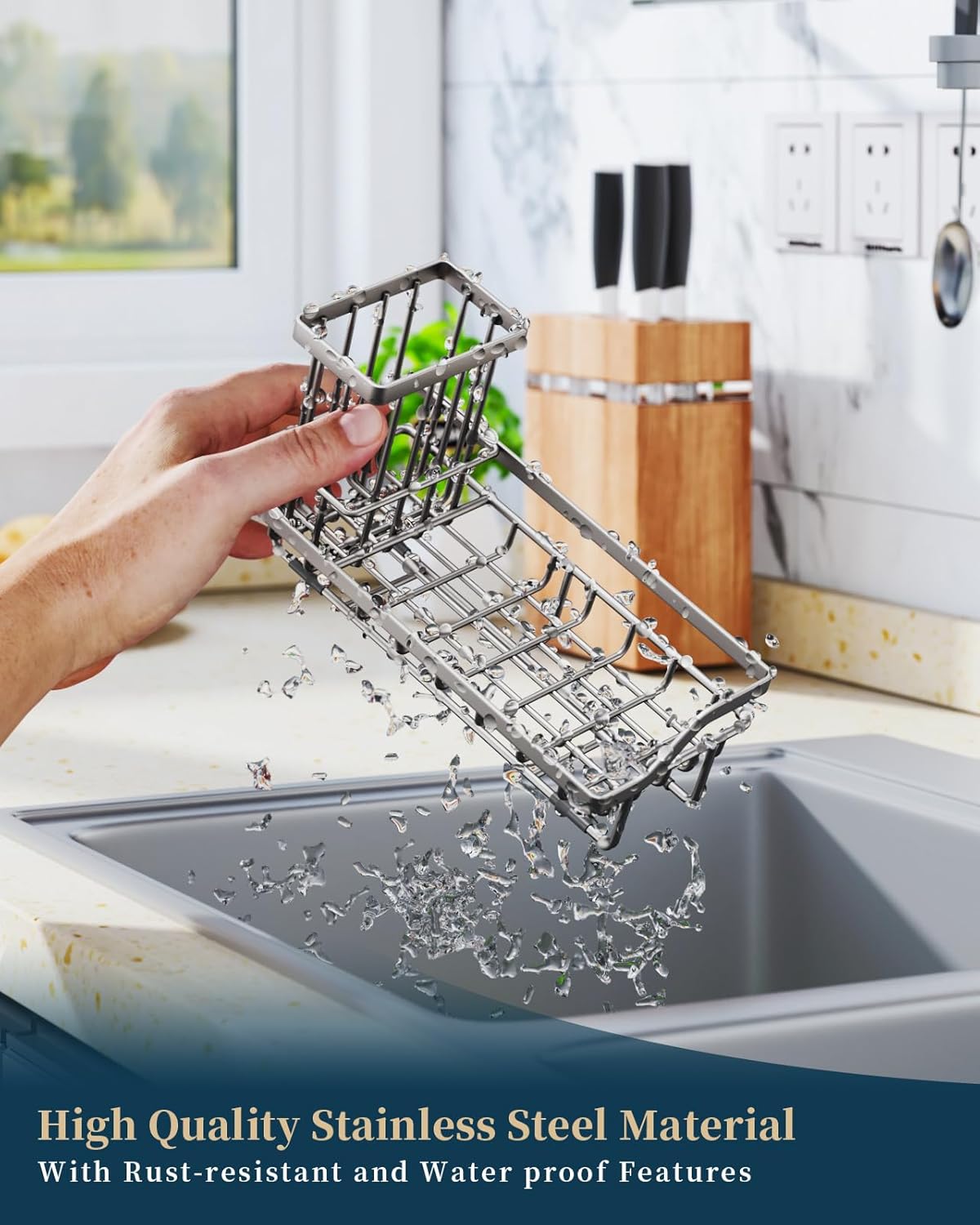 Consumest Sink Caddy, Kitchen Sponge Holder with Dish Brush Holder, Kitchen Organizer with Drip Tray for Countertop, Stainless Steel Rustproof - Silver