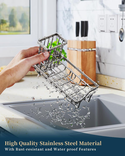 Consumest Sink Caddy, Kitchen Sponge Holder with Dish Brush Holder, Kitchen Organizer with Drip Tray for Countertop, Stainless Steel Rustproof - Silver