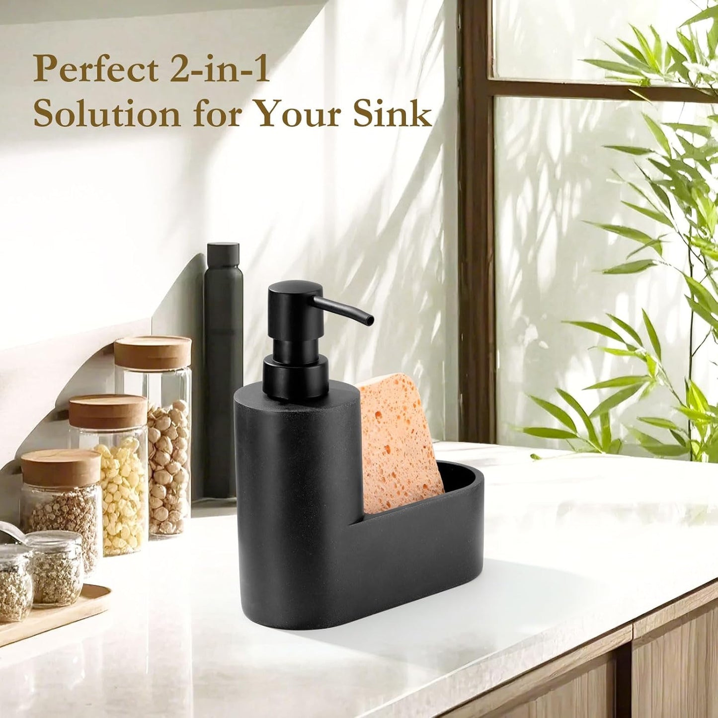Shinowa Dish Soap Dispenser with Sponge Holder, Refillable Kitchen Dish Soap Dispenser Pump, 2-in-1 Countertop Soap Pump Dispenser for Kitchen Sink and Bathroom, Gravel Black