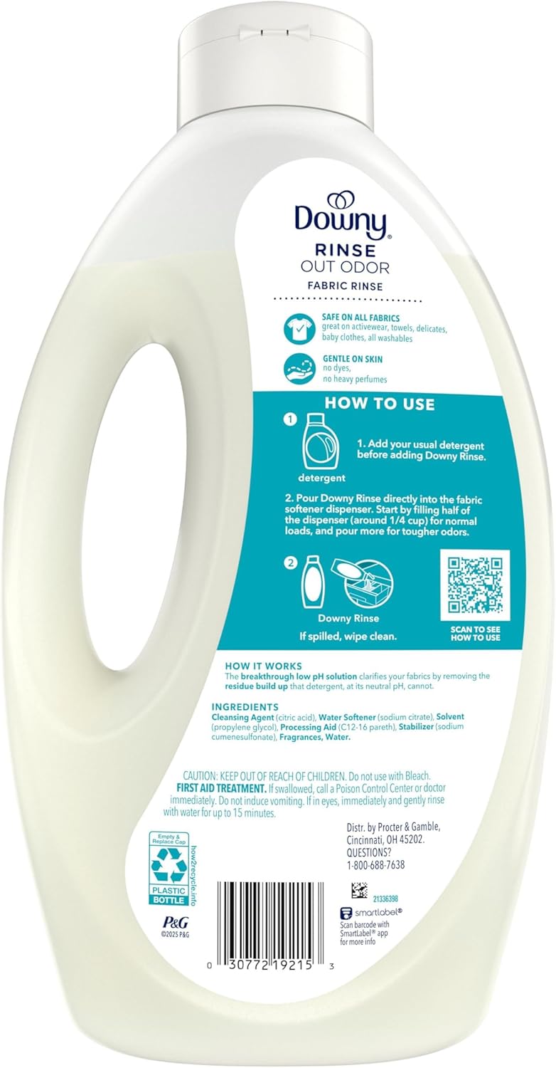 Downy Rinse Laundry Odor Remover, Cool Cotton Scent, 48 fl oz, Fabric Softener And Laundry Odor Removal Rinse, Fights Odors At The Source, HE Compatible
