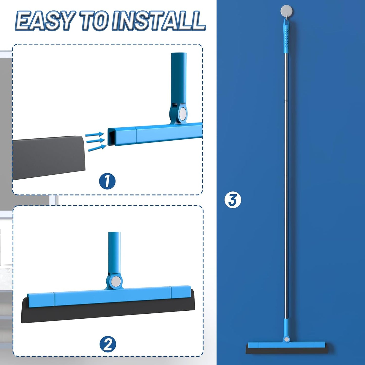 KOLLIEE Floor Squeegee Adjustable 59'' Long Handle Professional Floor Squeegee with Hook Water Squeegee Foam Blade for Concrete Floor Tile Pet Hair Floor Wiper